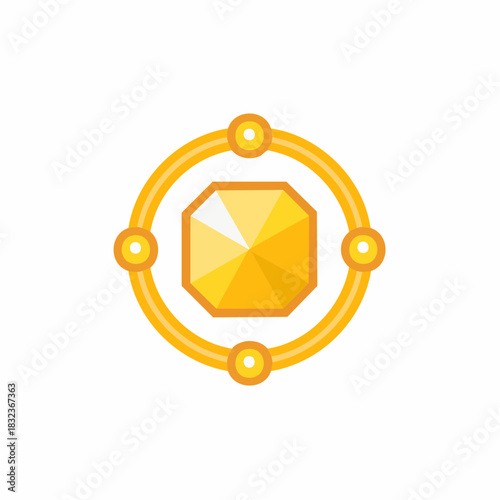 Shiny gold octagonal gemstone surrounded by an orbital ring with four connection points