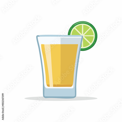 Cartoon shot of tequila or cocktail with lime slice, illustration.