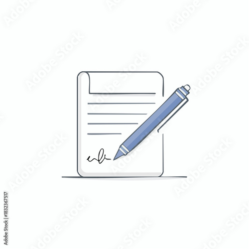 Document signature agreement illustration shows a pen signing a contract. Agreement paperwork and signature concept