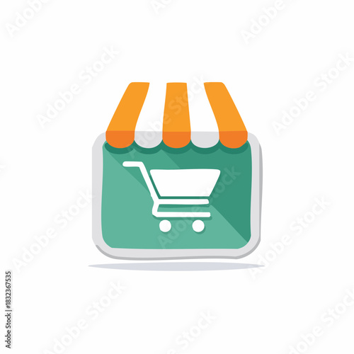 Flat design vector icon of a storefront with a shopping cart and striped awning for e-commerce and online retail