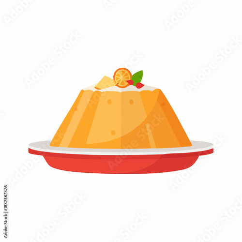 Sweet citrus jelly pudding dessert with whipped cream and fruit topping served on a plate vector graphic