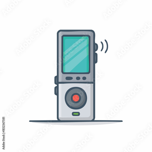 Cartoon-style illustration of a digital voice recorder with sound waves.