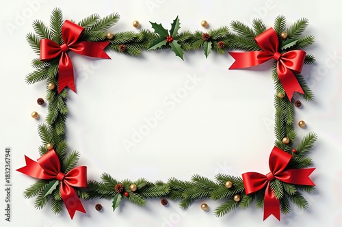 Festive christmas frame with red ribbons and evergreen branches on white background for holiday design