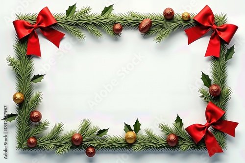 Festive christmas rectangular frame made of evergreen branches with golden and red ornaments on a white background