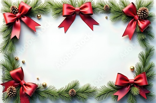 Festive christmas decoration with red bows and pine branches on white background for holiday season