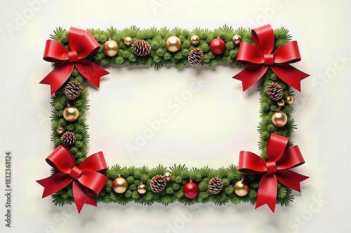 A festive rectangular frame adorned with red bows and evergreen branches for holiday celebrations and winter decorations