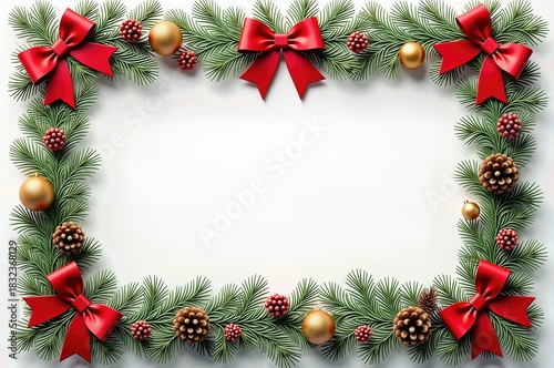 Festive christmas frame with red bows golden ornaments and pine branches for holiday season decorations