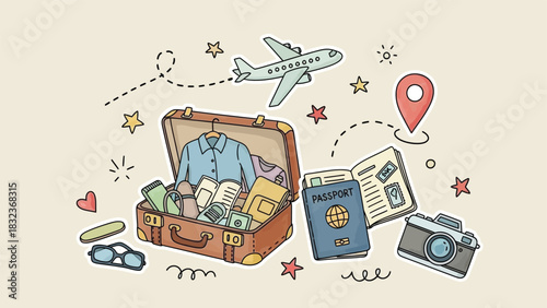 Travel doodle set – suitcase, airplane, passport, camera & adventure illustrations