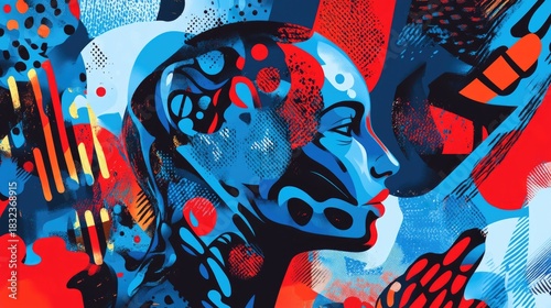 An abstract representation of the human head merging with vibrant patterns and shapes in blue and red colors, showcasing artistic creativity