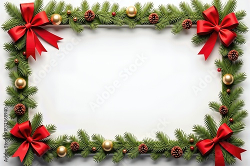 Festive christmas pine branch frame with red bows and golden ornaments on white background