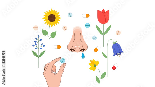 Illustration of a runny nose surrounded by various flowers and medication pills, depicting seasonal allergies and their treatment.