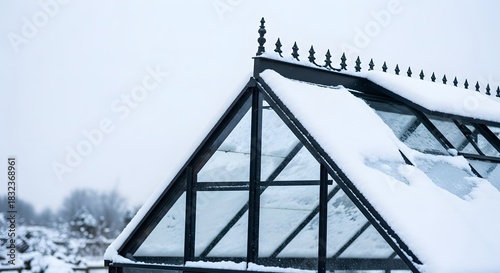 Ornate greenhouse roof covered in fresh white snow during a peaceful winter day for seasonal dormancy concept and cold weather protection