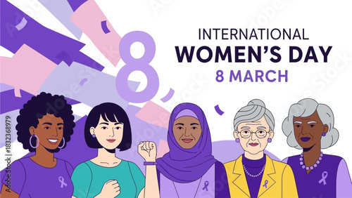 Diverse women celebrating International Women's Day on March 8th with confetti and a large number eight.