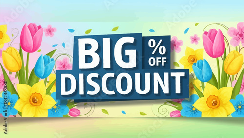 Springtime banner featuring colorful flowers and a bold announcement of a big discount offer.