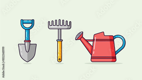Illustration of gardening tools including a shovel, rake, and watering can, all in a row.