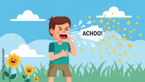 A boy with allergies sneezing in a field of flowers on a sunny day.