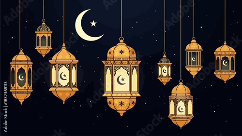 A collection of ornate Islamic lanterns illuminated against a dark night sky with a crescent moon and stars.