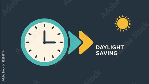 An illustration showing a clock, an arrow, and a sun, representing the concept of Daylight Saving Time.