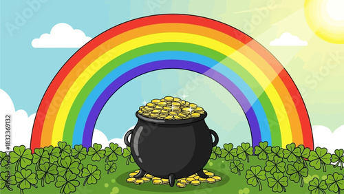 Pot of gold at the end of the rainbow with shamrocks.
