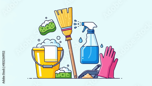 An illustration of various cleaning supplies, including a yellow bucket, a broom, a spray bottle, pink gloves, and sponges with suds.
