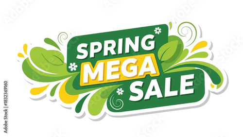 Spring Mega Sale banner with green and yellow floral elements, perfect for seasonal promotions.