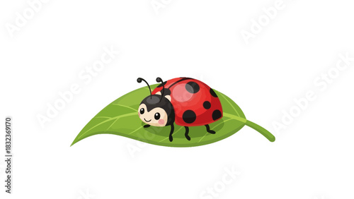 A cute cartoon ladybug with black spots resting on a vibrant green leaf, isolated on a white background.