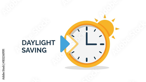 Daylight saving time concept with clock and sun illustration.