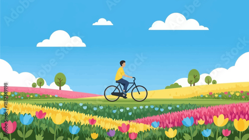 A person riding a bicycle through a vibrant field of colorful tulips under a clear blue sky.