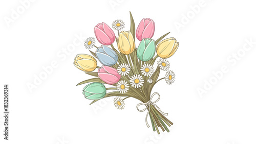 A colorful bouquet of tulips and daisies tied together with a ribbon, a spring floral arrangement.