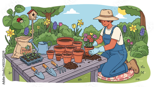 Illustration of a person in overalls and a hat potting colorful flowers at a wooden table in a sunny spring garden.