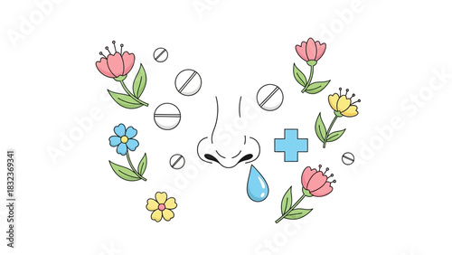 Illustration of a runny nose surrounded by flowers and pills, representing allergies.