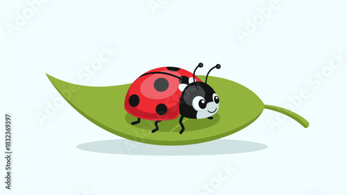 A cute cartoon ladybug with red wings and black spots sitting on a green leaf.