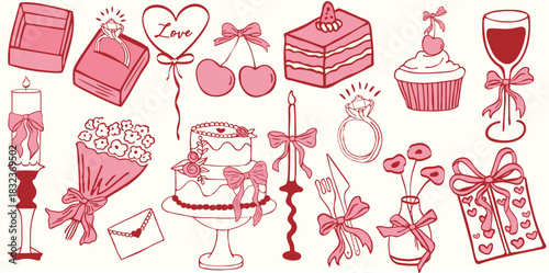 Hand drawn coquette elements for wedding invitation and celebration cards. Cute girly bows, ring ,ribbons, cherry, cake, cocktails, and candle icons, vector illustration with a feminine aesthetic.