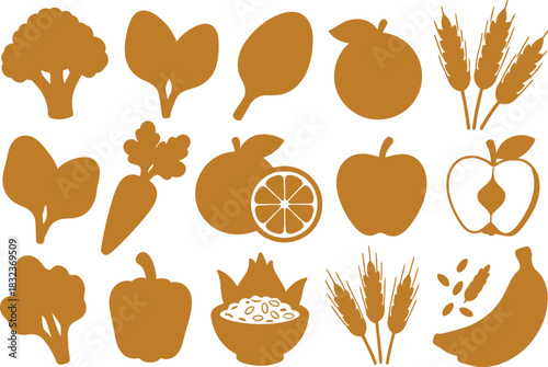 Healthy food collection of fruits, vegetables, and grains icons.