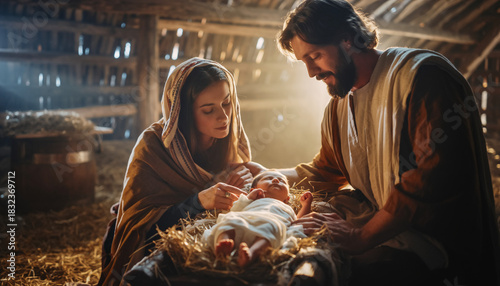 Dzieciątko Jezus, Maryja i Święty Józef w stajence betlejemskiej. Scena Bożego Narodzenia