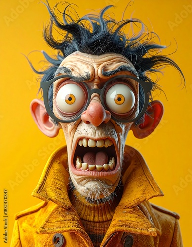Dramatic Cold 3D Render Cartoon Wallpaper Terrifying Caricatures crazy expressions movement, presented Overhead view Solid
