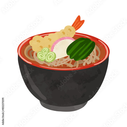 海老天そば　水彩風手描きベクターイラスト