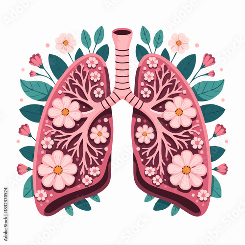 lungs in bloom: stylized anatomy with floral bronchi and botanical breath on pink and maroon