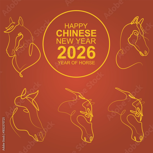 Horse line art isolated on red background. Happy Chinese New Year. Year of the horse
