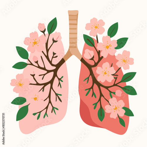 blossoming breath and pink branches: stylized lungs with floral anatomy and leafy vitality