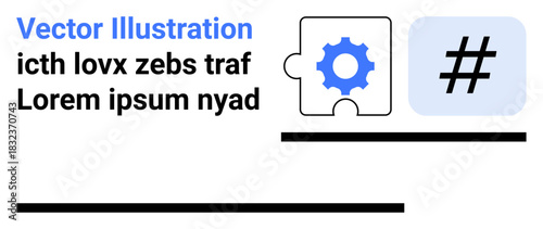 Blue gear puzzle piece adjacent to a metadata tag icon. Ideal for teamwork, problem-solving, innovation, analytics, collaboration, connectivity, and code. Suitable for simple landing page