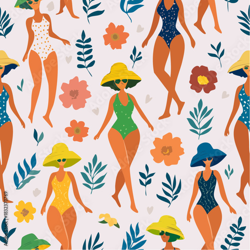 sun hats and tropical bloom: stylized swimsuit women in vibrant beachwear with floral accents
