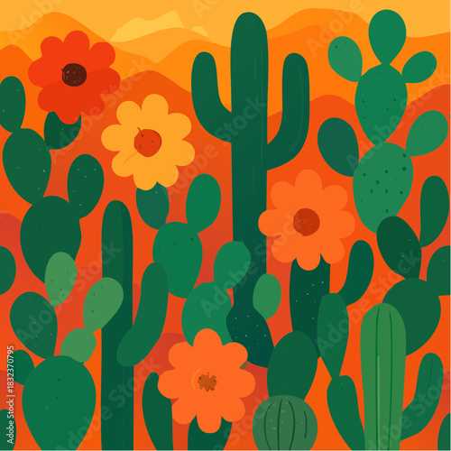 sunset bloom and desert silhouettes: stylized cacti with fiery flowers in orange-red landscape