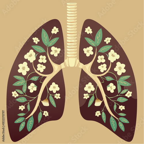 lungs in bloom and maroon breath: stylized anatomy with cream flowers and leafy healing