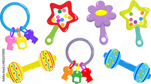 children's rattles toy keys vector isolated set colorful baby toys for newborn development star flower dumbbell key shaped rattles with rings