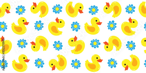 seamless pattern cute yellow rubber ducks and blue flowers baby shower background newborn design child textile wallpaper toy print wrapping paper
