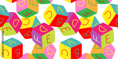vibrant geometry repeat design with letter blocks toys for baby nursery decor wrapping paper and school materials background