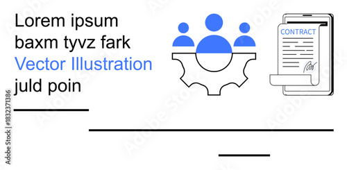 Collaboration, project management, teamwork, digital contracts, business communication, human resources. Gear with three people icons and a smartphone. Collaboration and project management theme