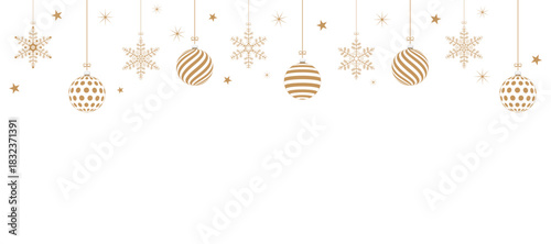 Christmas card banner made of golden snowflakes and Christmas balls.  Vector illustration.