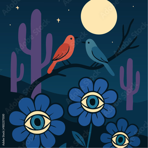 moonlit perch and mystical blooms: surreal desert night with cosmic birds and eye-petal flowers